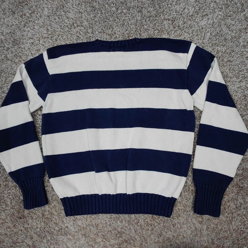 Vintage 90s Polo Ralph Lauren Sweater Mens Medium Blue White Stripe Chunky Knit